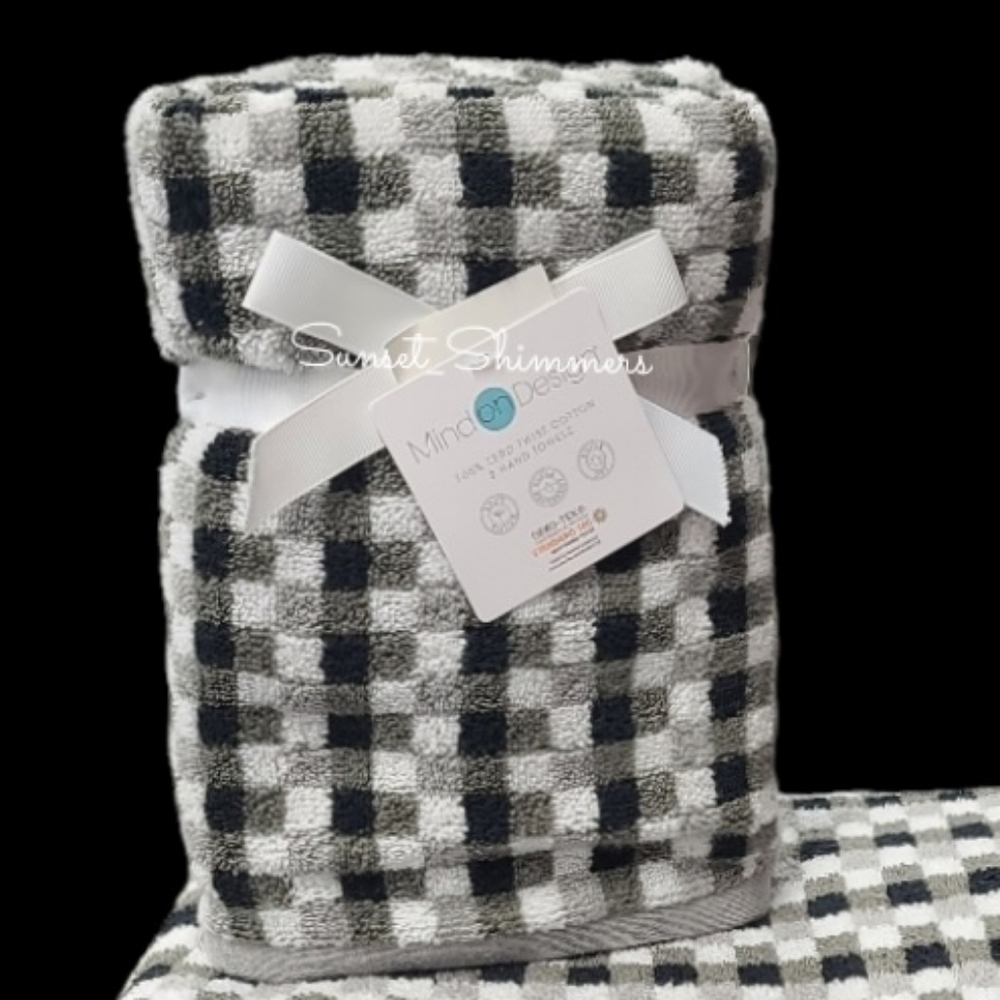 2pc Mind on Design Black White Geo Check Zero Twist Cotton Hand Towel Set NEW
